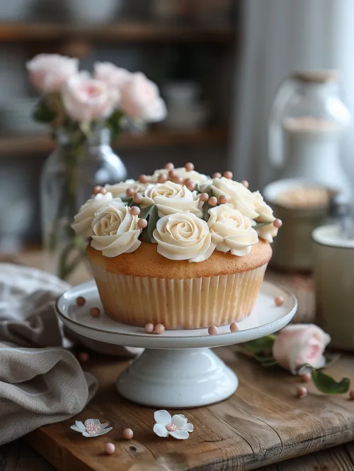 Cake decorated with cream roses and confetti on a white platter