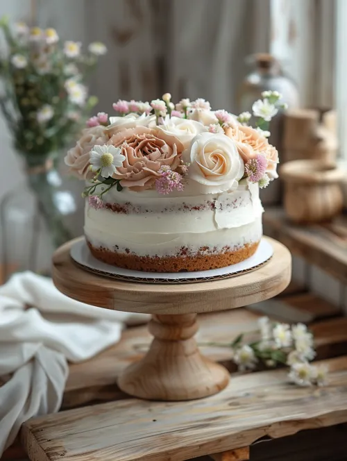 Gorgeous cake decorated with flowers on a wooden table