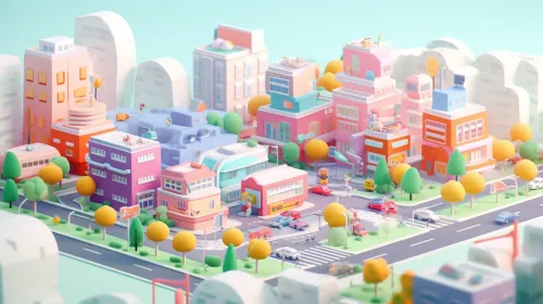 Bright 3D urban landscape with buildings and cars
