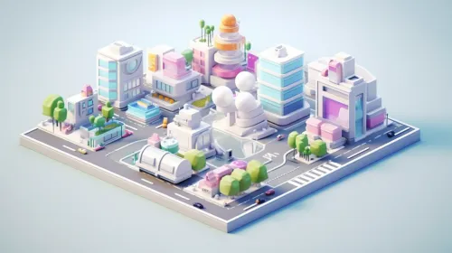 3D image of an urban landscape with tall buildings and trees