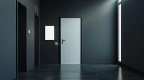 Corridor with dark walls and a white door against soft lighting