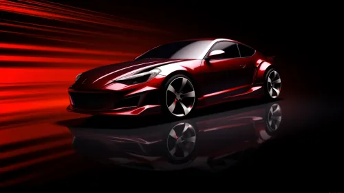 Red sports car with reflection on a black surface