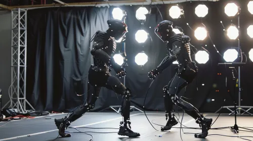 Dos robots en un estudio de captura de movimiento especial con iluminación brillante