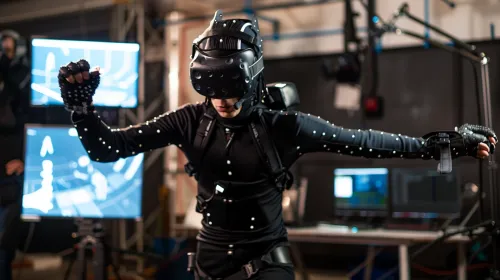 Hombre utilizando un traje de captura de movimiento en un estudio de VR