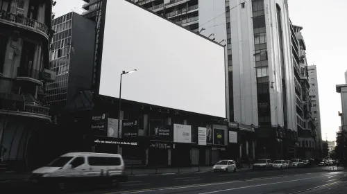 Large empty billboard against a backdrop of tall buildings