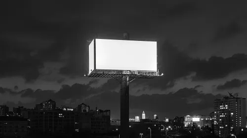 Gran valla publicitaria vacía frente al paisaje nocturno de la ciudad