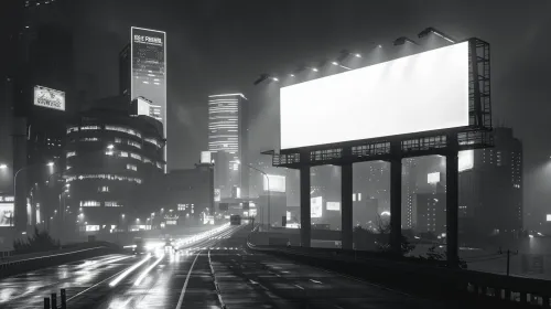 Paisaje urbano nocturno con edificios iluminados y un cartel en blanco