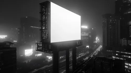 View of an empty billboard against the backdrop of city lights
