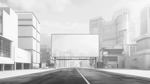 Empty city street with a tall building and a billboard
