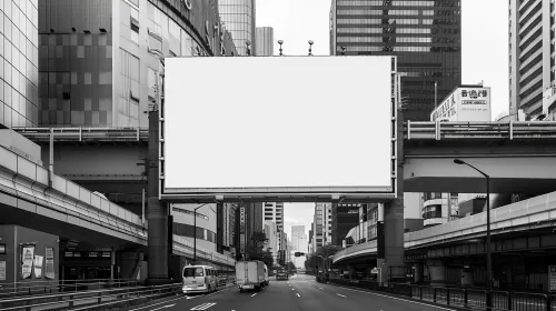 Panel with empty advertising space against a backdrop of urban architecture