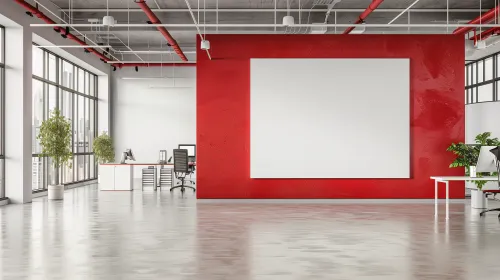 Modern office with a bright red wall and free space for creativity