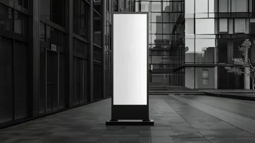 Stand publicitario frente a un edificio de cristal en estilo urbano