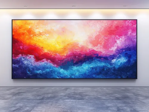 Obra de arte abstracto con colores brillantes en un interior