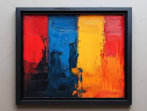 Colorful abstract painting using red, blue, and yellow colors