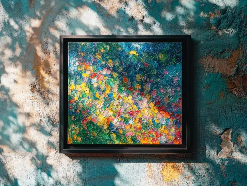 Cuadro colorido con flores en la pared con fondo texturizado