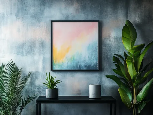 Interior de una habitación moderna con un cuadro en tonos pastel