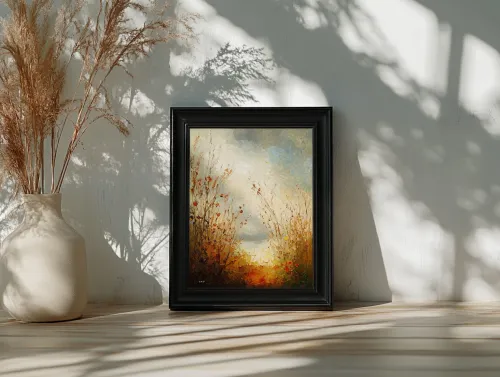 Pintura en marco negro con imagen de naturaleza y hierbas secas