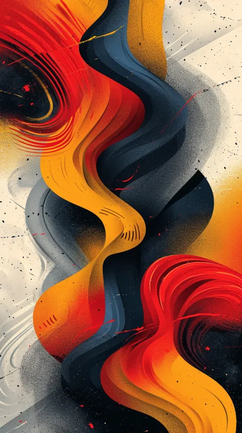 Composición abstracta brillante con formas onduladas negras y rojas