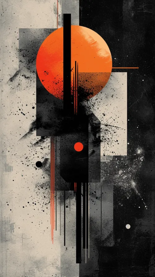 Abstract composition with a circle and geometric shapes against a textured background.