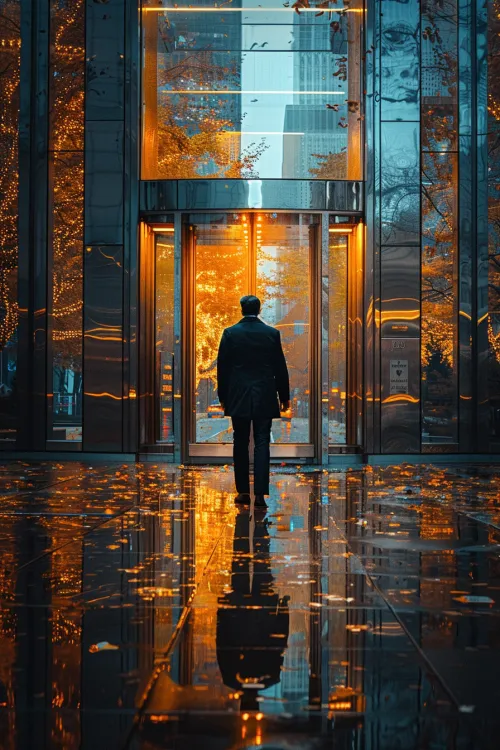 Silhouette of a person at glass doors against the backdrop of reflections and autumn foliage
