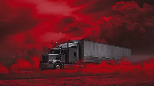 Black truck surrounded by red smoke and clouds