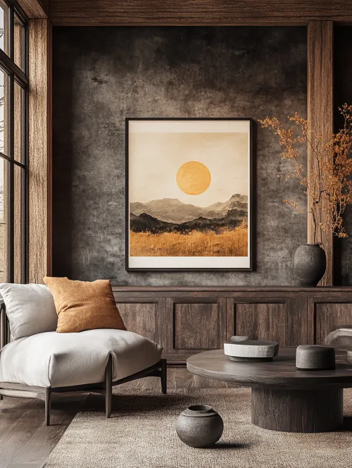 Cuadro en interior con imagen del sol sobre las montañas