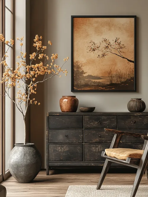 Aesthetic of a modern interior with greenery and a painting