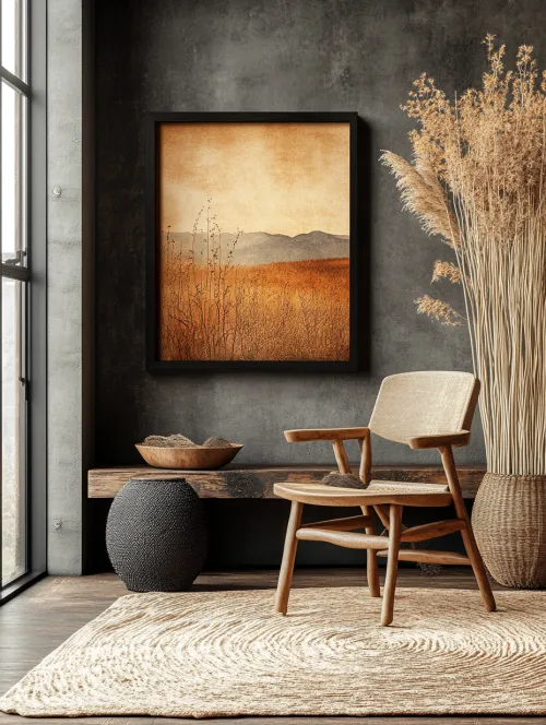 Elegant interior with a painting and decorative elements in warm tones