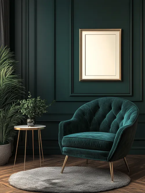 Comfortable armchair against green walls and stylish furniture