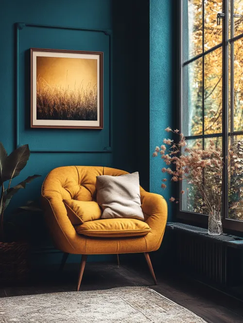 Comfortable yellow armchair against a blue wall and window with an autumn view