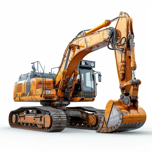 Excavadora de color naranja brillante con óxido sobre fondo blanco