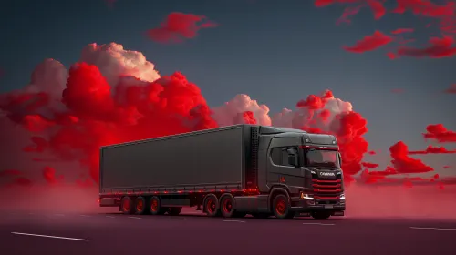 Cargo truck on the road with red clouds and evening light