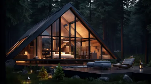 Stylish country house with large windows among the trees