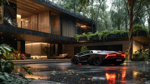 Elegant black sports car in front of a modern house in the forest