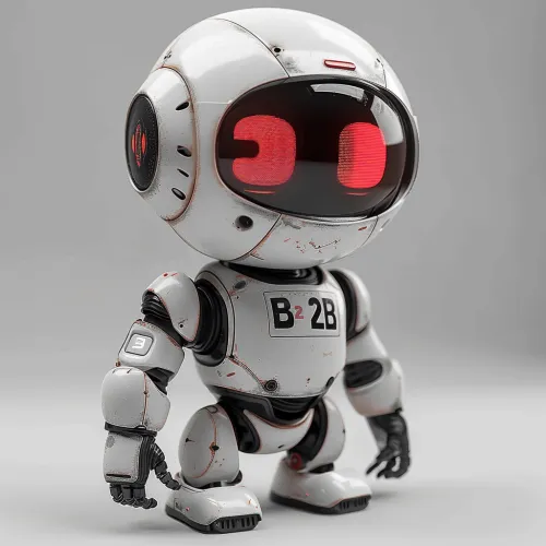 3D model of a robot with red LED eyes and a damaged surface