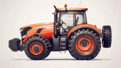 Tractor de color naranja brillante con neumáticos grandes, vista lateral