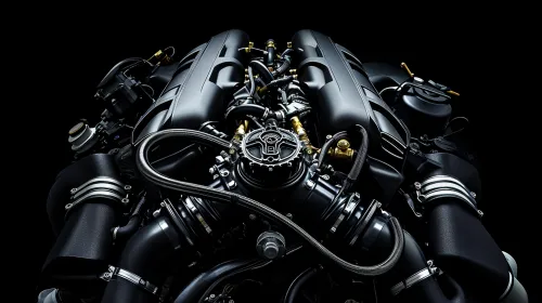 Imagen del interior de un potente motor de automóvil sobre un fondo negro