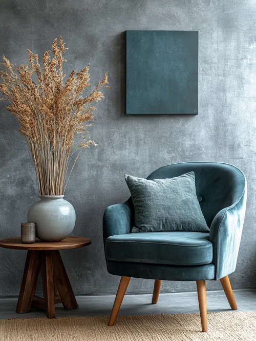 Modern interior with an armchair, vase, and dried flowers