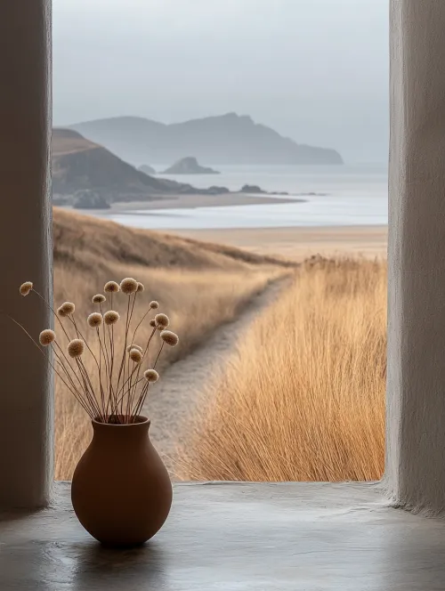 Calm coastal landscape with a vase and dried flowers against the backdrop of the sea