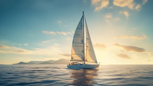 Hermosa yate navegando por el mar tranquilo bajo el cielo vespertino