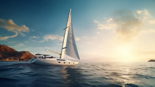 Un yate moderno navega por el mar con un impresionante atardecer de fondo