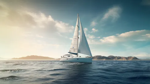 Yate a vela blanco navegando por el mar con una costa montañosa en el horizonte
