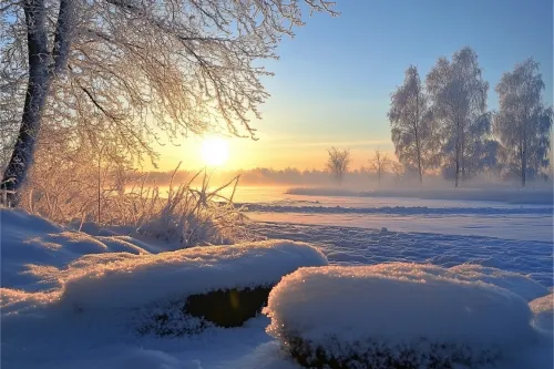 Fantastic winter landscape with luxurious frost and a bright sunrise