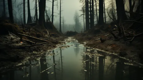 Bosque oscuro con agua estancada y árboles muertos