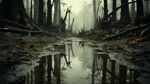 Misty Marshy Place with Reflection of Trees in Water