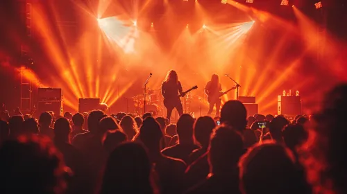A band of musicians performing on stage in front of an excited audience