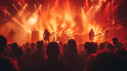 Un grupo de músicos actuando en el escenario con efectos de iluminación brillantes