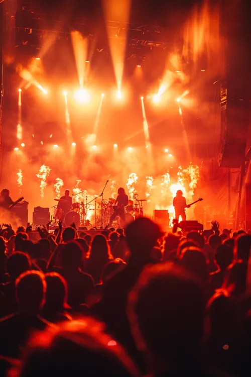 Grupo musical en el escenario con efectos de fuego y una iluminación brillante