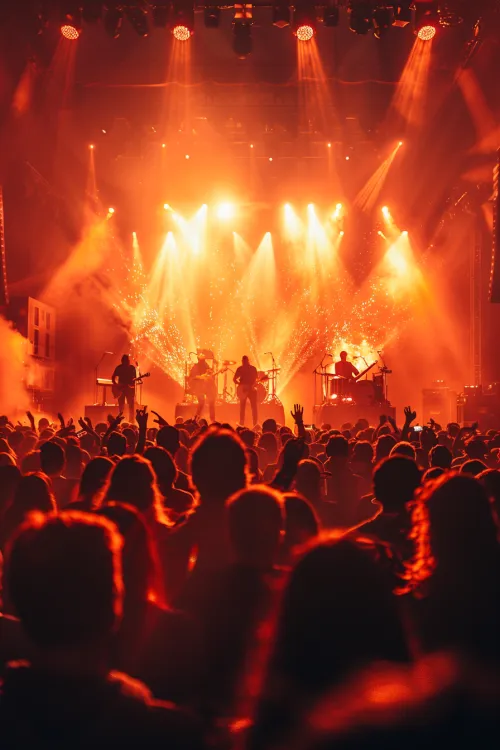 Attending a concert with a band on stage and an excited audience