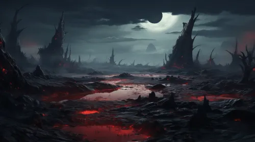 Mystical Landscape with Red Light and Monstrous Shapes